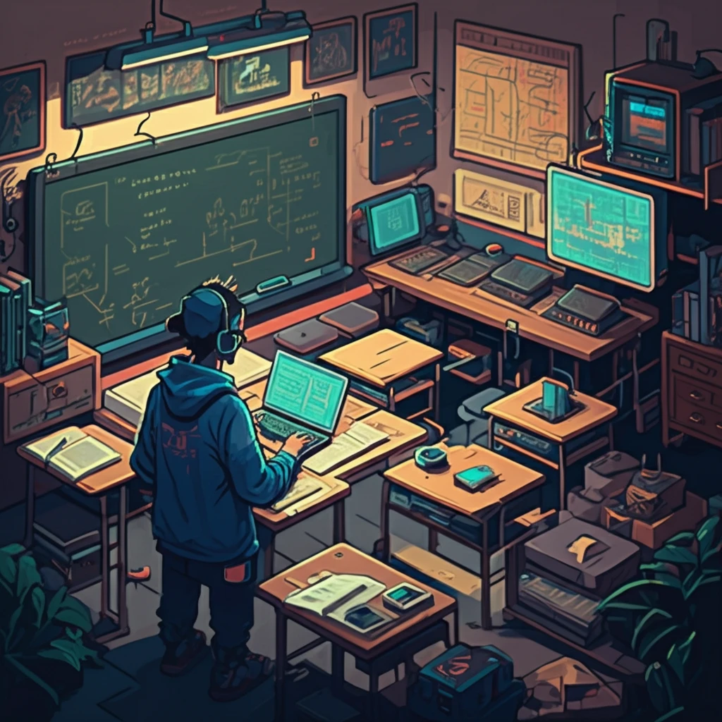 Surreal image of a video game world merging with a classroom, symbolizing serious games and digital innovation.
