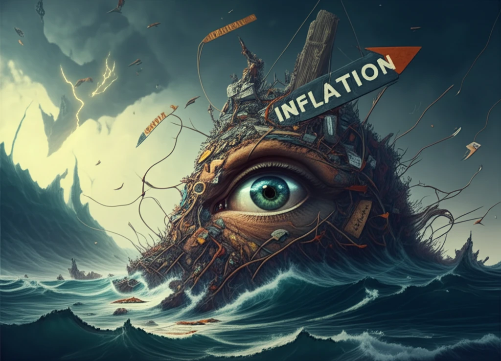 Surreal illustration of debt threads leading to an inflationary storm.