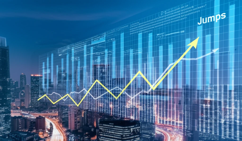 Surreal illustration of market jump detection with cityscape and stylized charts.