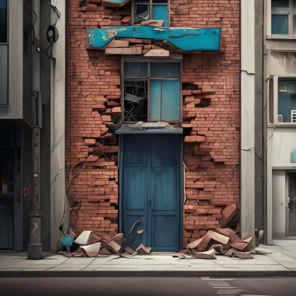 Digital facade crumbling to reveal old bricks, symbolizing failed transformation.