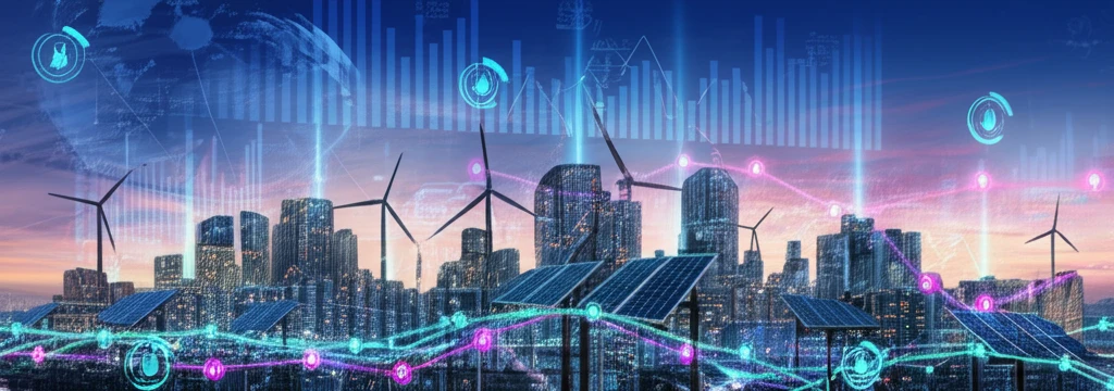 Futuristic city powered by renewable energy with electricity price graphs