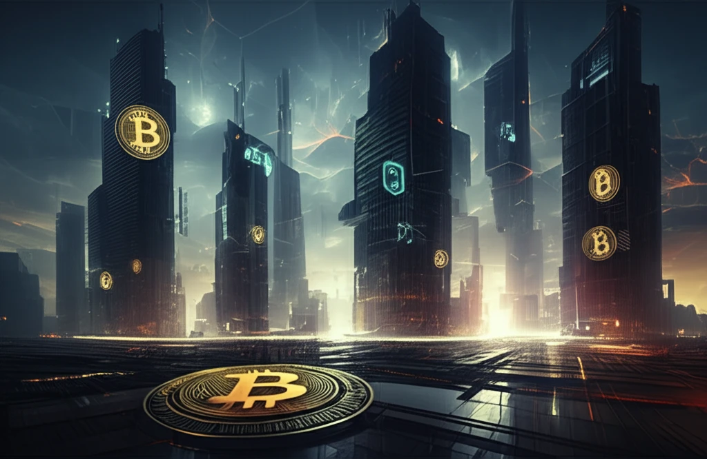 Futuristic cityscape with Bitcoin symbols and glowing neural networks, representing AI-powered cryptocurrency prediction.