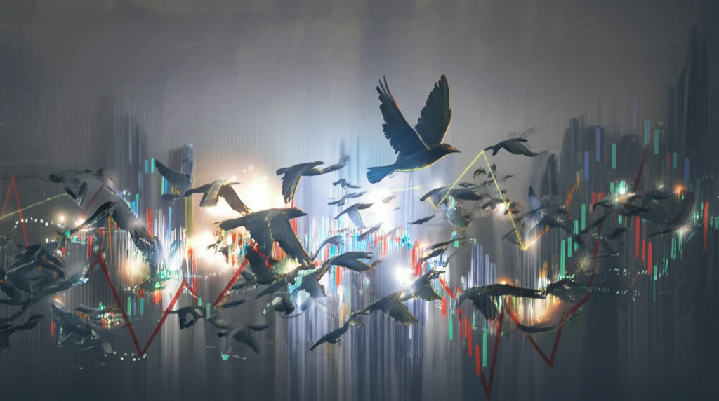 Stock market chart transforming into birds, symbolizing market volatility and opportunity.