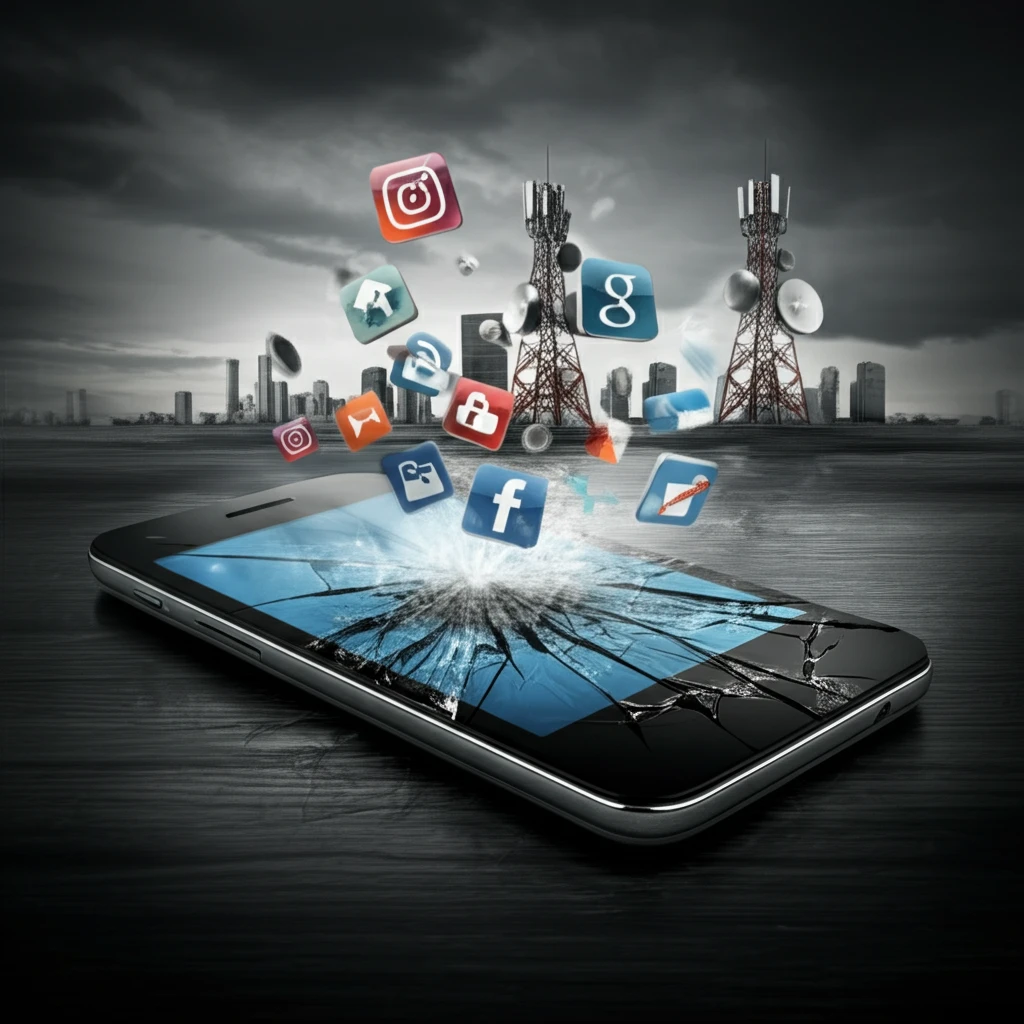 Smartphone apps floating above city with telecom towers