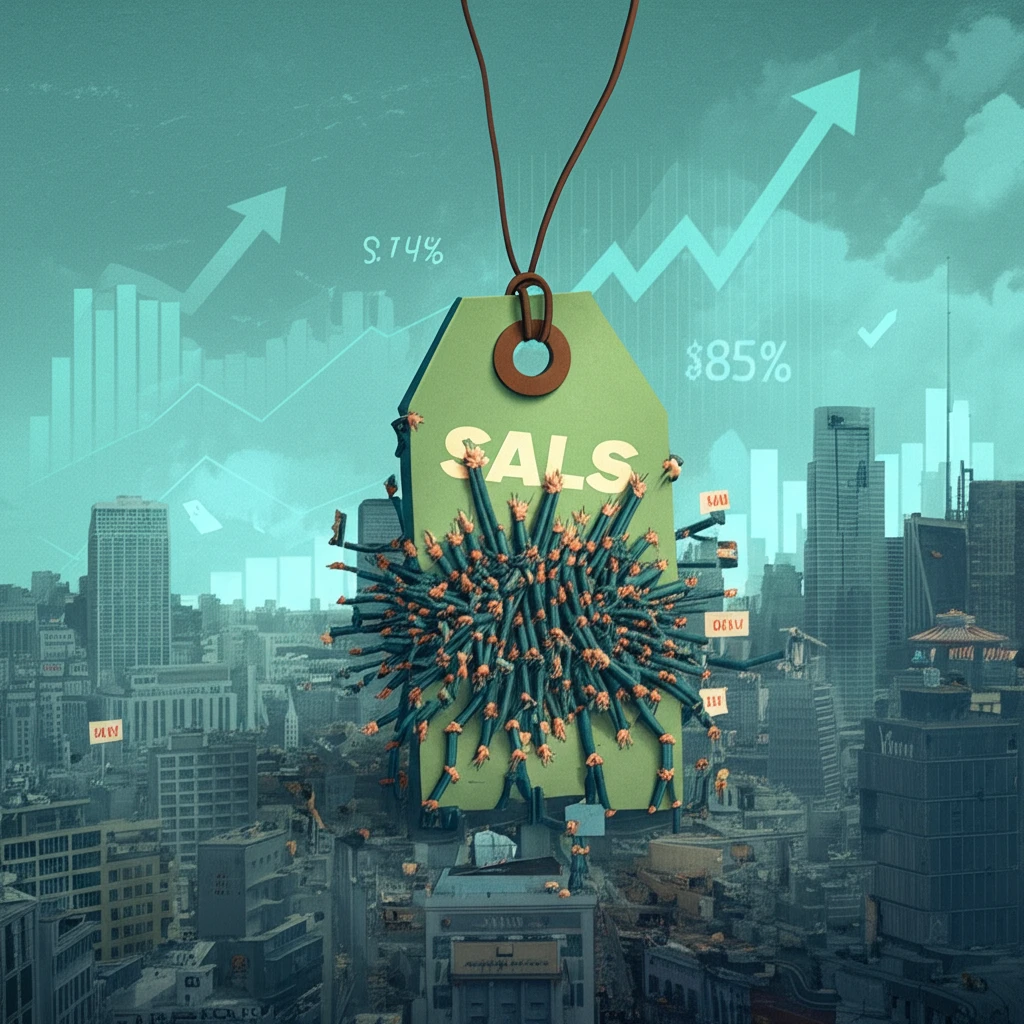 A giant price tag manipulated by tiny hands, symbolizing the influence of sales volume on pricing.