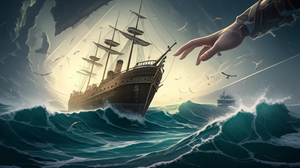 A ship navigating through stormy financial seas, guided by light representing government fiscal spending.