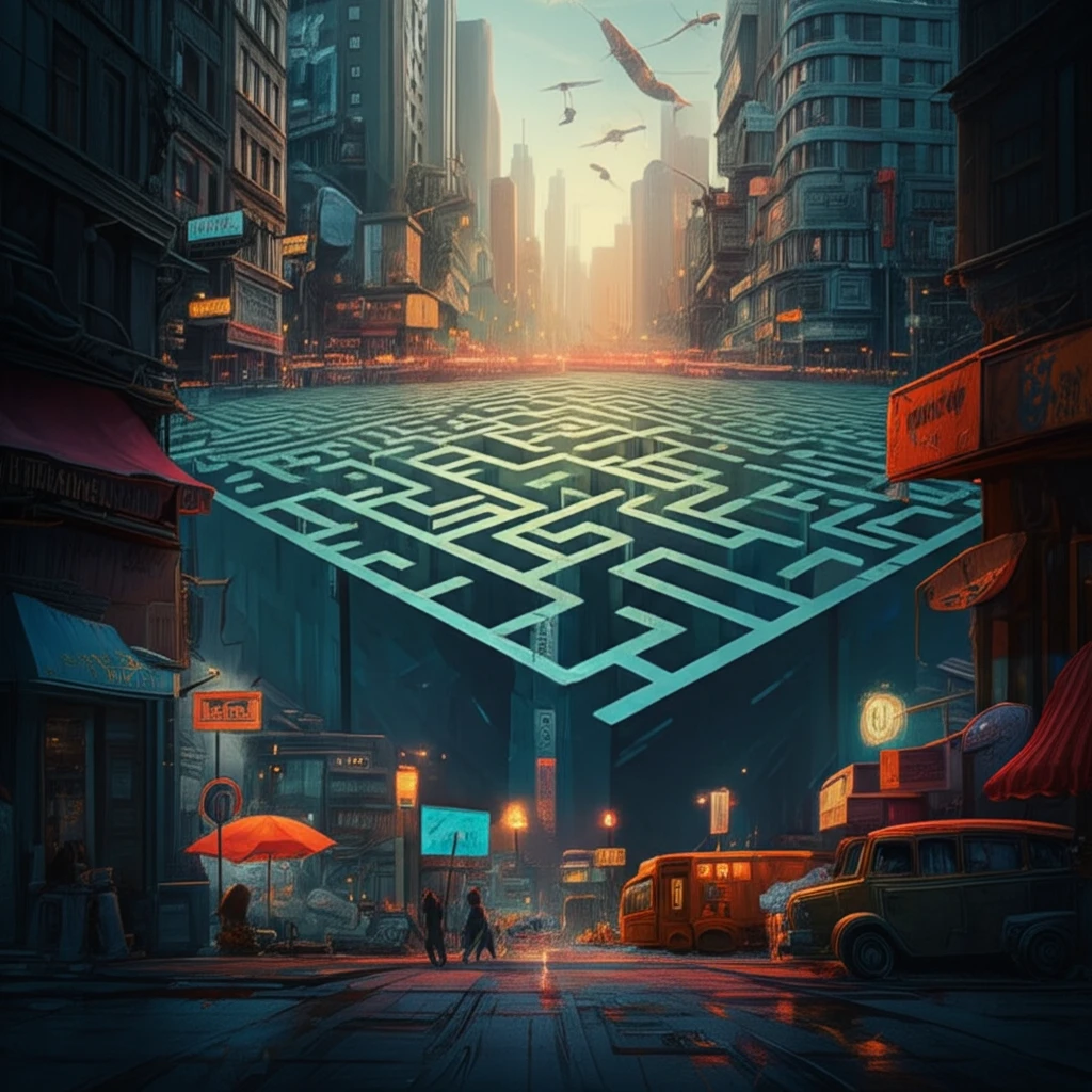 Surreal illustration of a hidden maze beneath a bustling city, symbolizing hidden states influencing daily life.