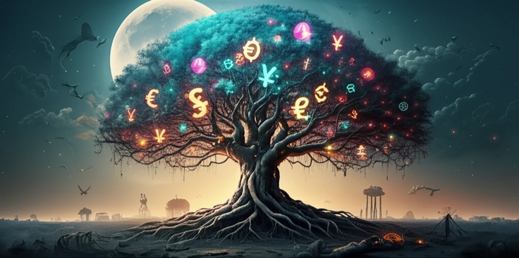 Global trade routes visualized as a sprawling tree connecting economies.