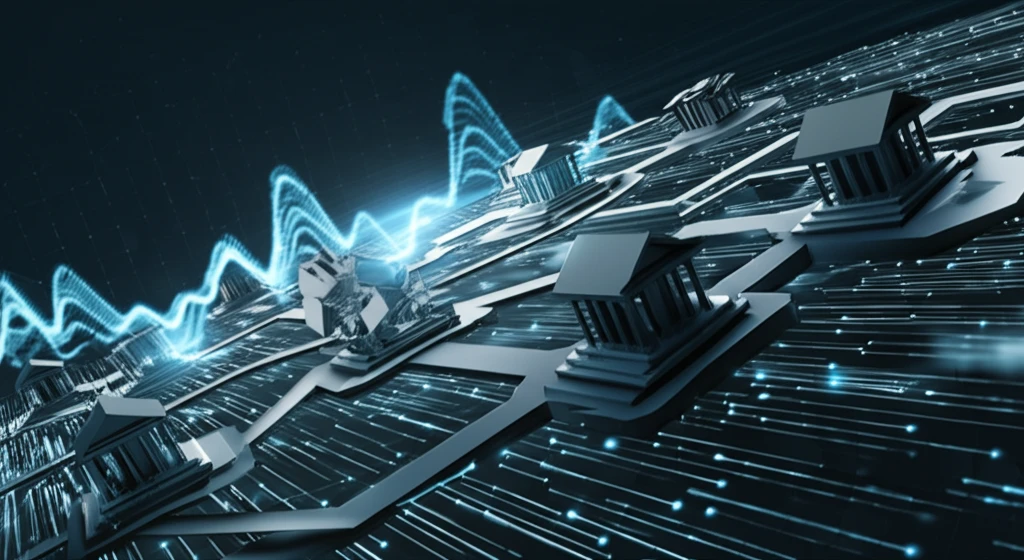 Interconnected nodes representing banks, with shockwaves symbolizing financial contagion.