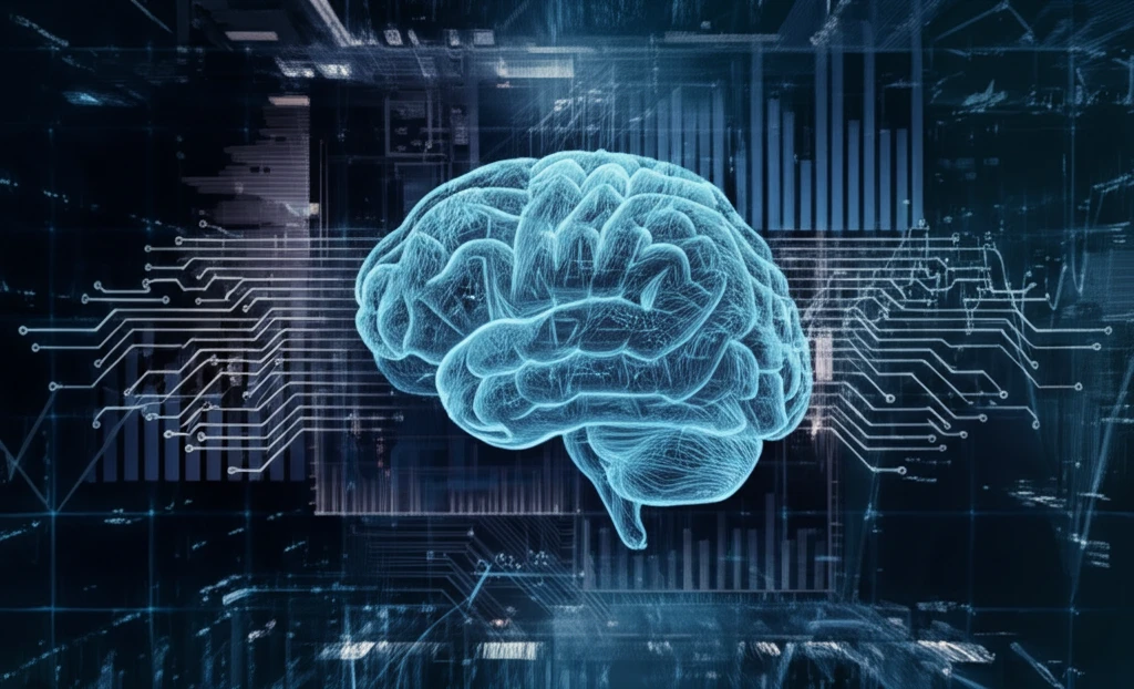 Human brain intertwined with circuit boards and financial charts, representing the integration of human and AI in quantitative investment.