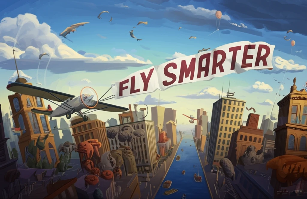 Surreal cityscape with a banner pulled by a small airplane promoting smart flying.