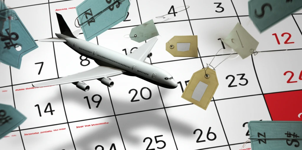 Airplane flying through a calendar with fluctuating price tags, symbolizing airfare seasonality.