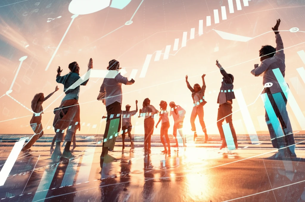 Diverse group celebrating retirement on a beach, symbolizing financial security.