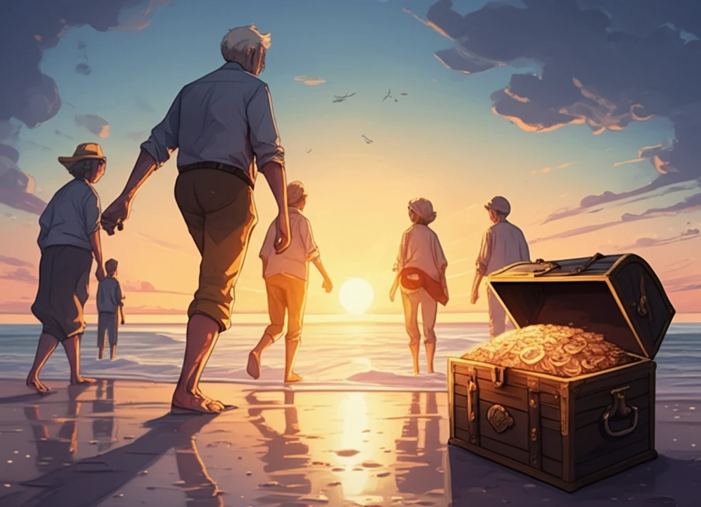 Diverse group walking towards a sunset on a beach with a treasure chest, symbolizing secure retirement.