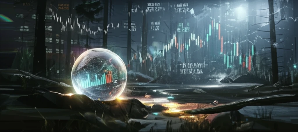 A surreal digital illustration of a stock chart forest with glowing paths and a crystal ball predicting stock prices.
