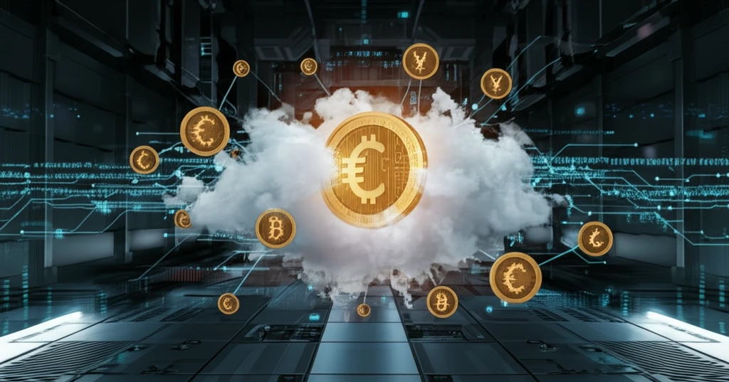 Digital illustration of a stablecoin in a secure, interconnected digital network.