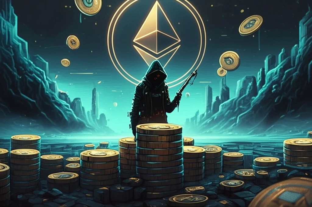 Digital illustration of counterfeit tokens being created on the Ethereum blockchain