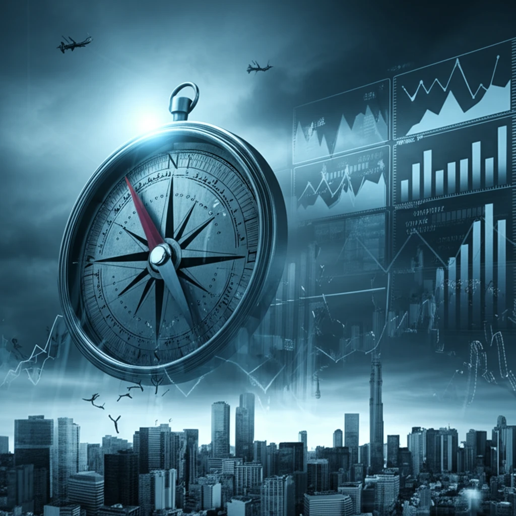 A cityscape of stock charts with a compass pointing towards a bright future symbolizing volatility trading.