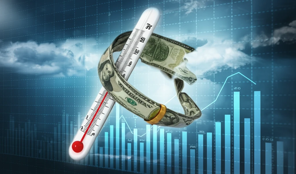 Surreal illustration of a thermometer mixed with financial charts, representing weather derivatives.
