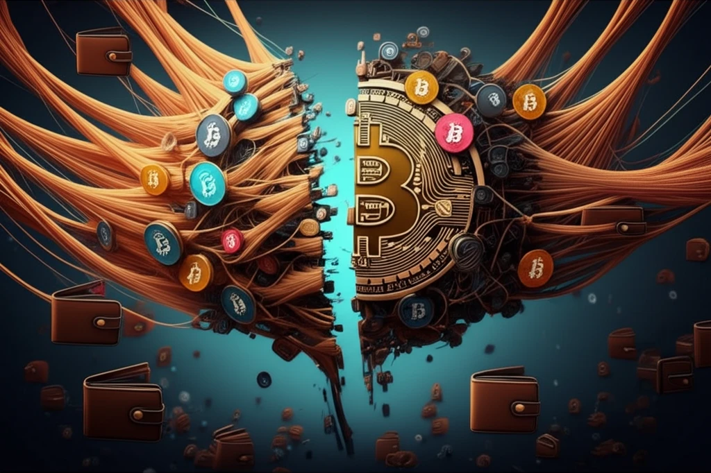 Bitcoin address clustering visualized as interconnected strings leading to various wallets.