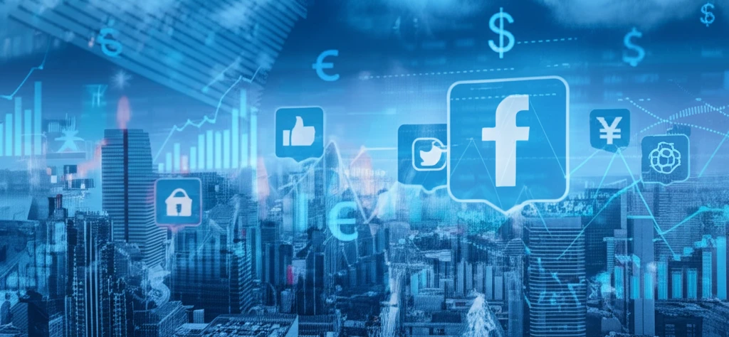 Social media icons forming a cityscape, overlaid with financial charts and currency symbols.