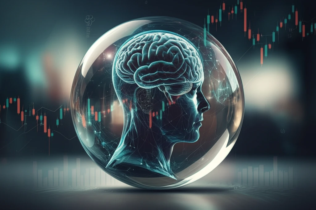 Crystal ball reflecting stock market chart with an AI brain representing AI in finance.