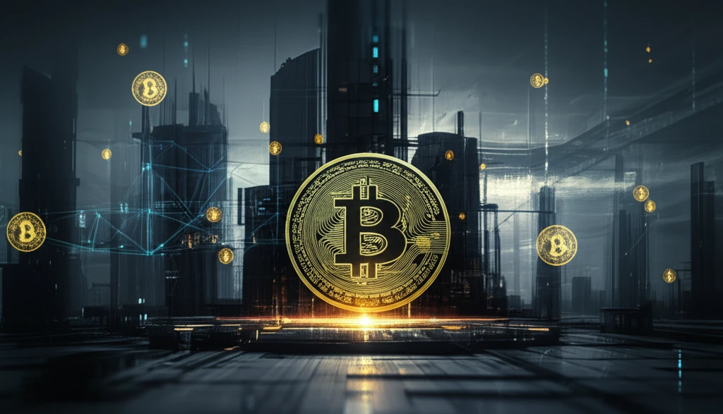 Futuristic cityscape with Bitcoin-shaped buildings and AI neural network patterns.