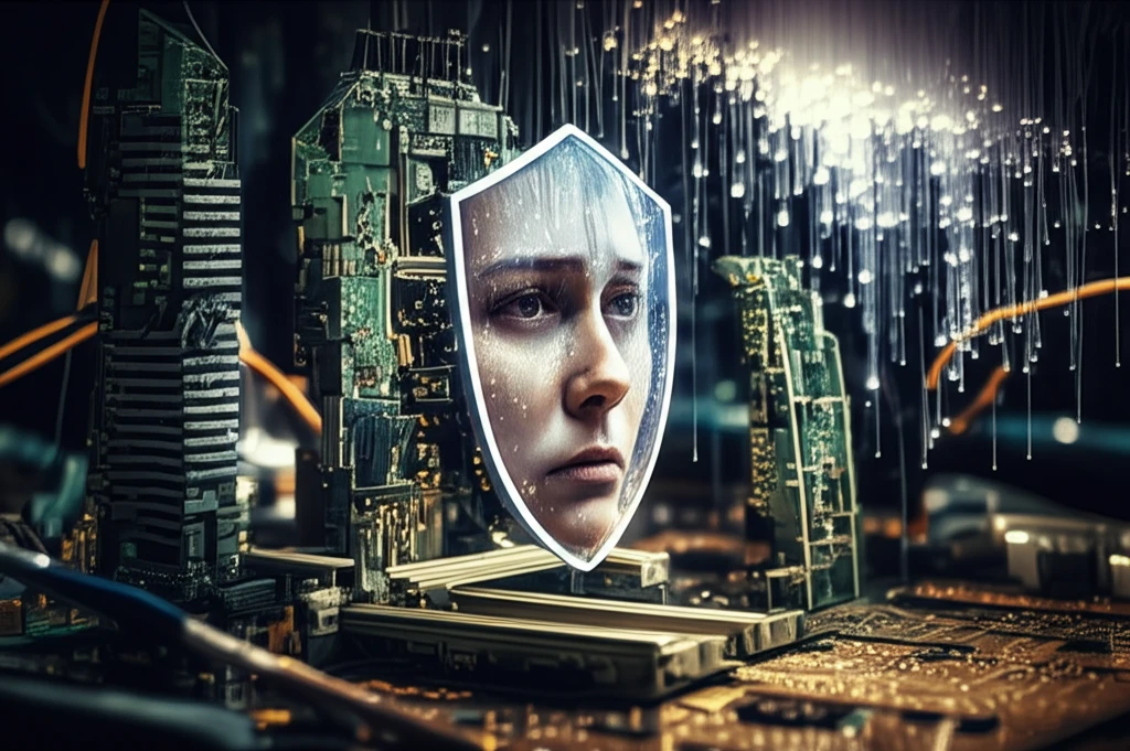 Surreal illustration of a digital cityscape with a privacy shield reflecting consumer concerns.