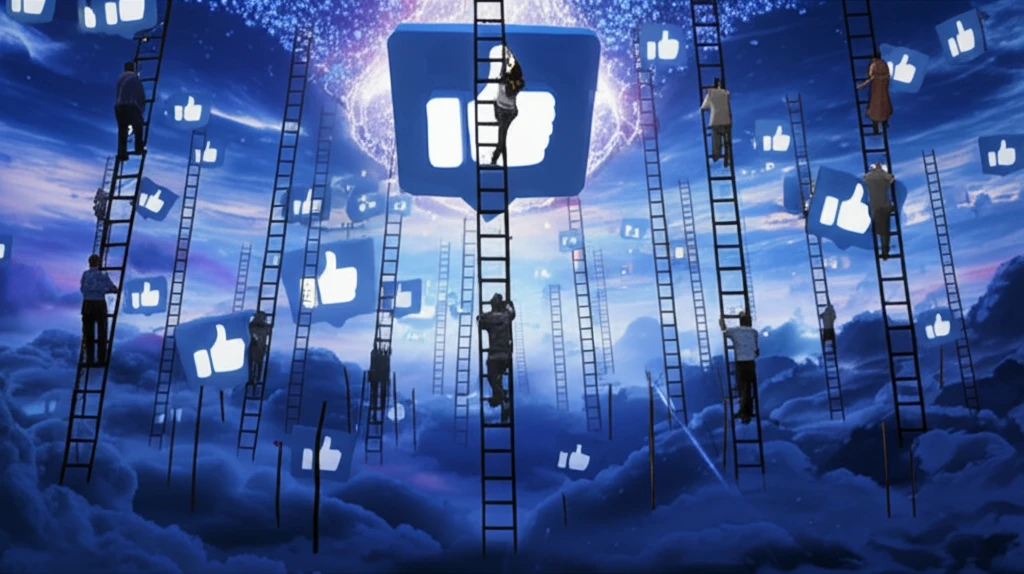 Illustration of people climbing a social media ladder in an office, symbolizing workplace social status.
