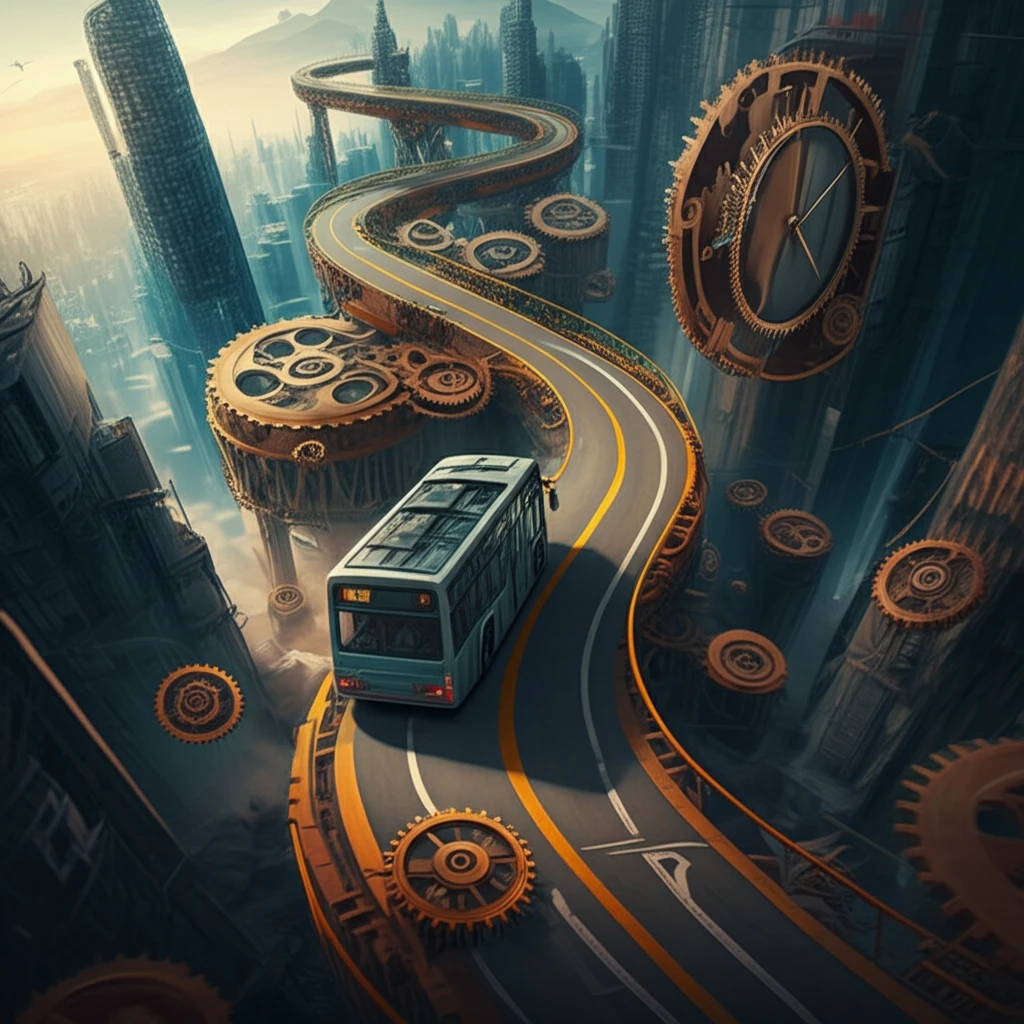 Futuristic bus navigating clockwork road, symbolizing efficient transit.