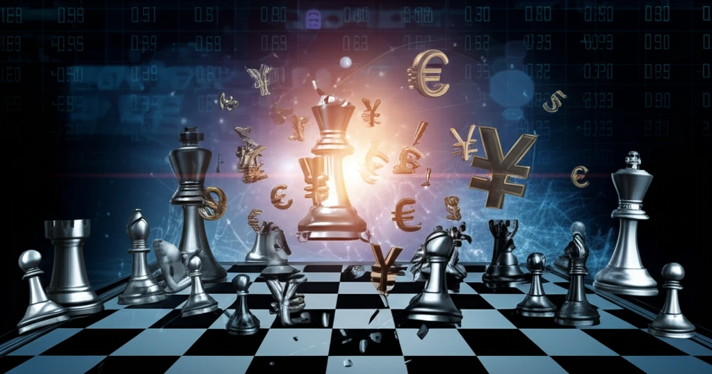 Fractured chessboard with financial symbols representing the shift in financial models.