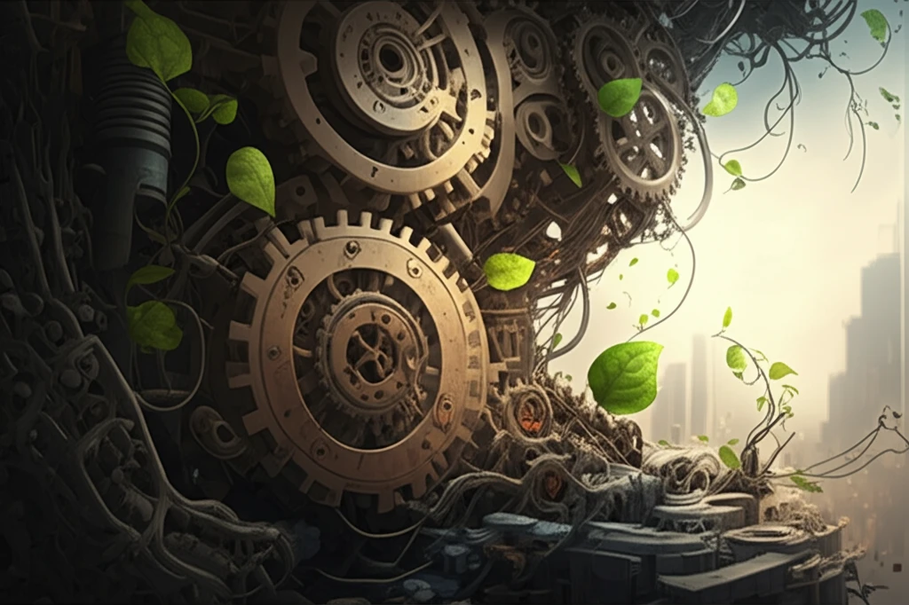 Interconnected gears and organic structures symbolize the bioeconomy's integration of nature and technology.