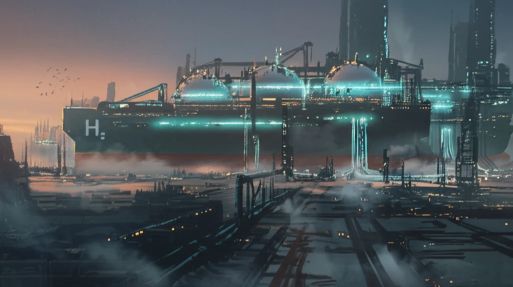 Futuristic shipyard with massive hydrogen tankers, representing the challenges and potential of the hydrogen economy.