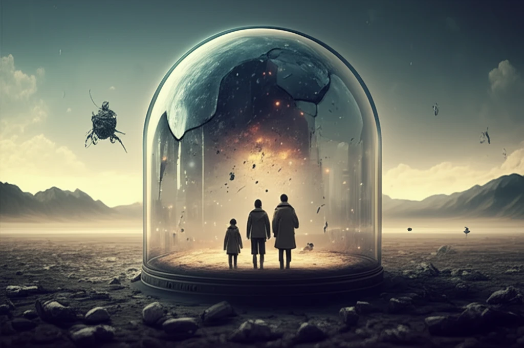 Surreal illustration of a family trapped in a glass dome amidst climate change.