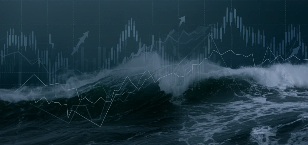 Ocean waves merging with stock market charts, symbolizing the intersection of hydrodynamics and finance.