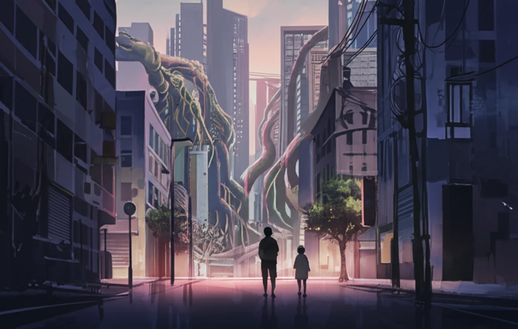 Neighborhood transformation: A surreal depiction of gentrification with old and new elements blending harmoniously.