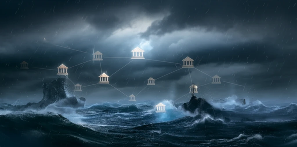 Interconnected network of banks glowing amidst financial turbulence.