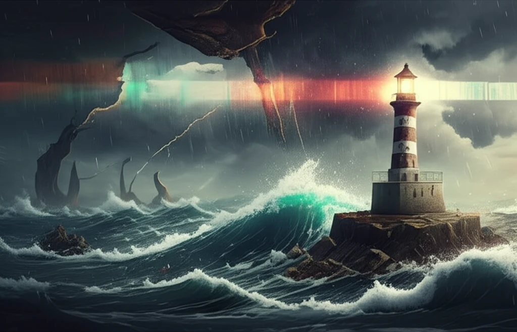 Stormy ocean with a lighthouse symbolizing rough volatility models guiding investment decisions.