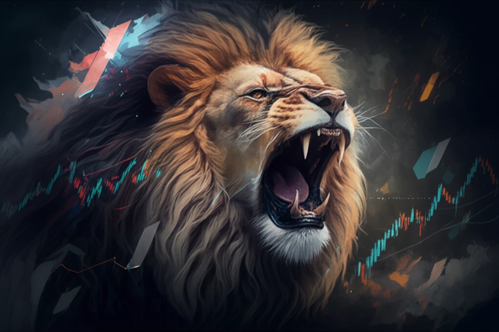 Stylized stock market chart transforming into a code lion, representing volatility and strength.