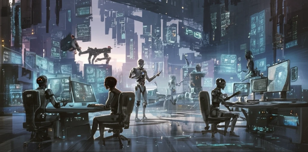 Futuristic cityscape with robots and humans, symbolizing the uncertain future of work.