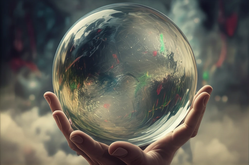 Crystal ball reflecting stock market chaos, symbolizing financial forecasting.