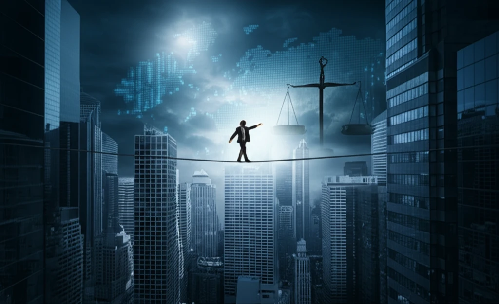 A person walking a tightrope between skyscrapers, symbolizing the risks and ethical considerations of insider trading.
