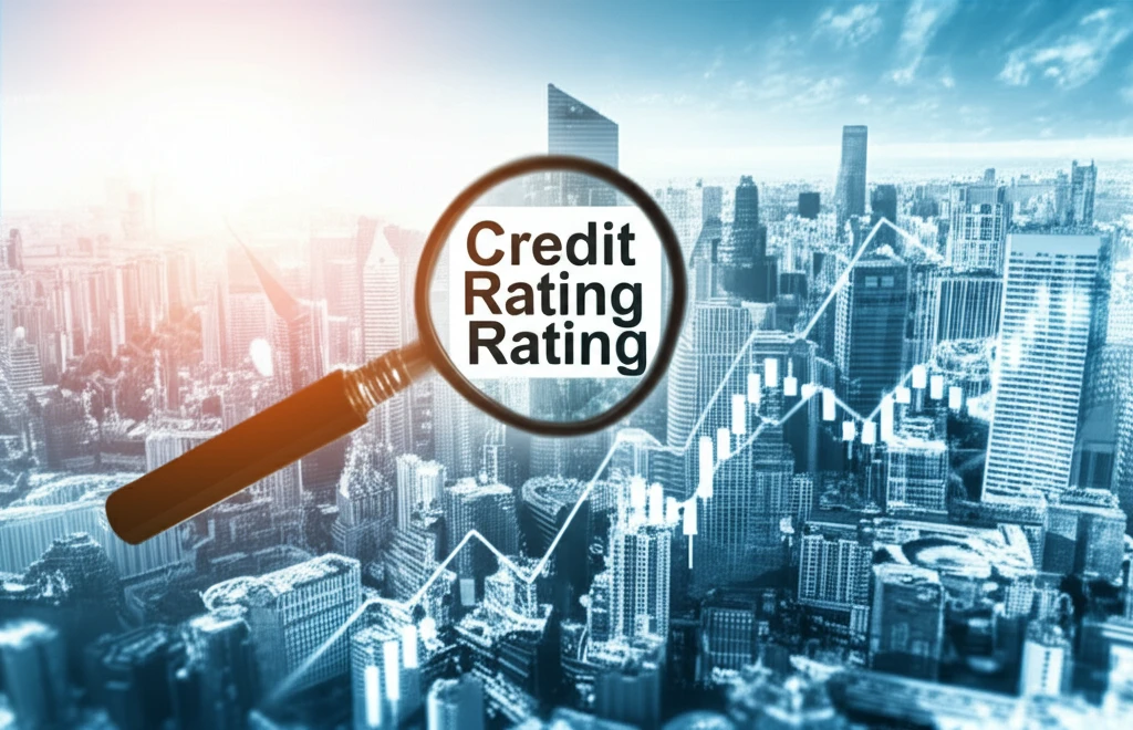 Cityscape with stock charts reflecting economic conditions and a magnifying glass focusing on a credit rating symbol.
