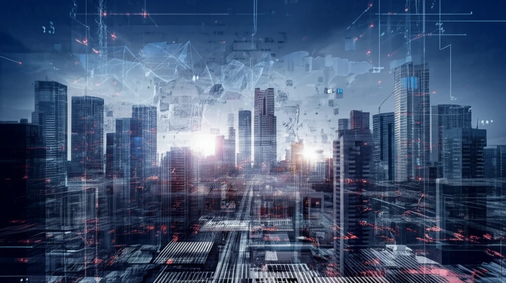 AI neural networks merging with Tokyo financial district skyline