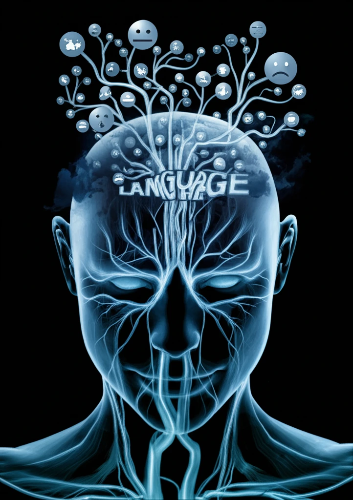 Human head with language embedded in neural pathways influencing emotional and normative choices.