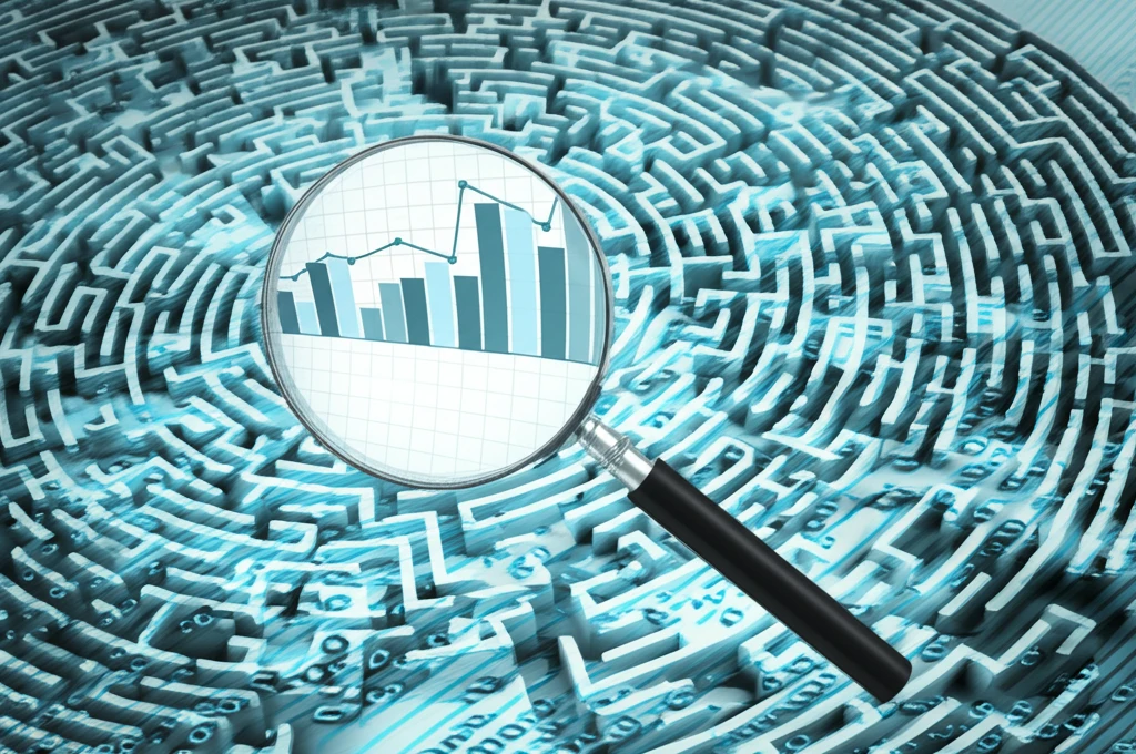 Maze of financial charts representing hedge fund indices, with a magnifying glass hovering above.