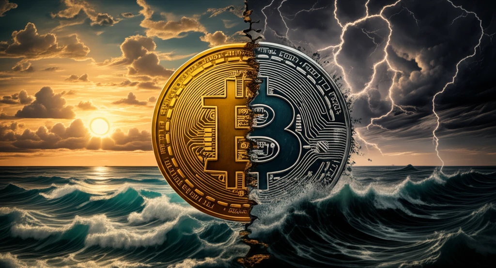 Bitcoin divided showing calm and stormy sides, representing market volatility.