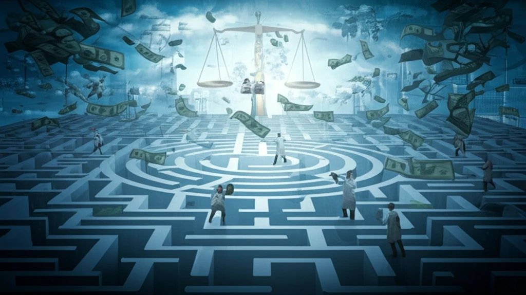 Surreal illustration of scientists racing through a maze for funding.