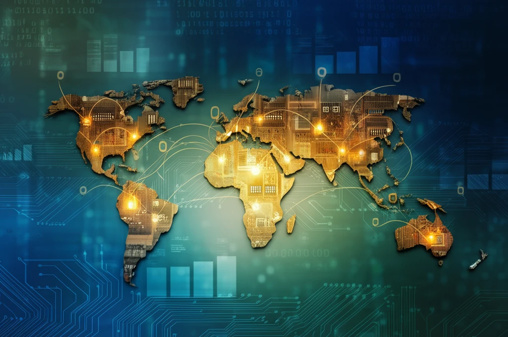 Global investment flows illustrated with a circuit board world map.