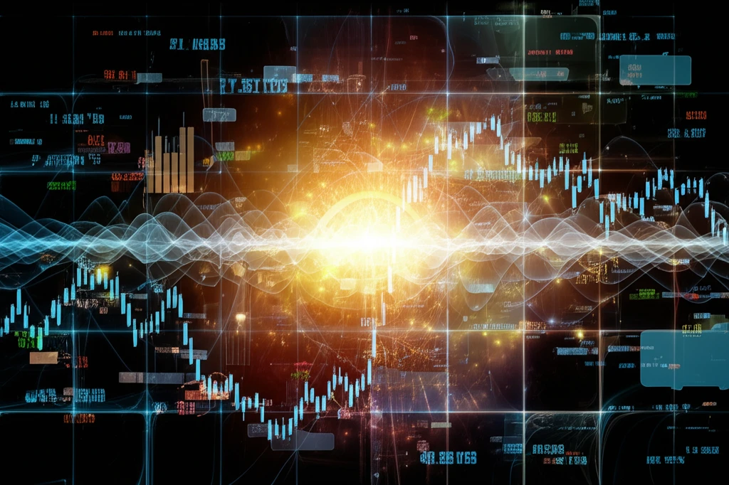 AI-driven trading system with neural network and stock market charts.